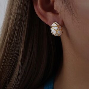 18K Gold Plated White Enamel Stud Earrings*Chunky Mini Hoops*ML